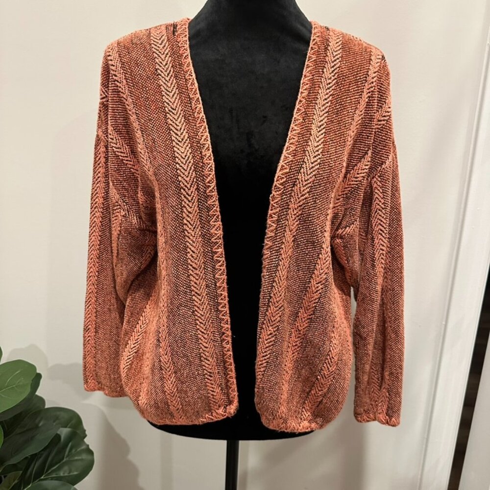 Leslie Wright Handwoven Open‎ Cardigan – One Size – Rust & Brown Chevron Pattern